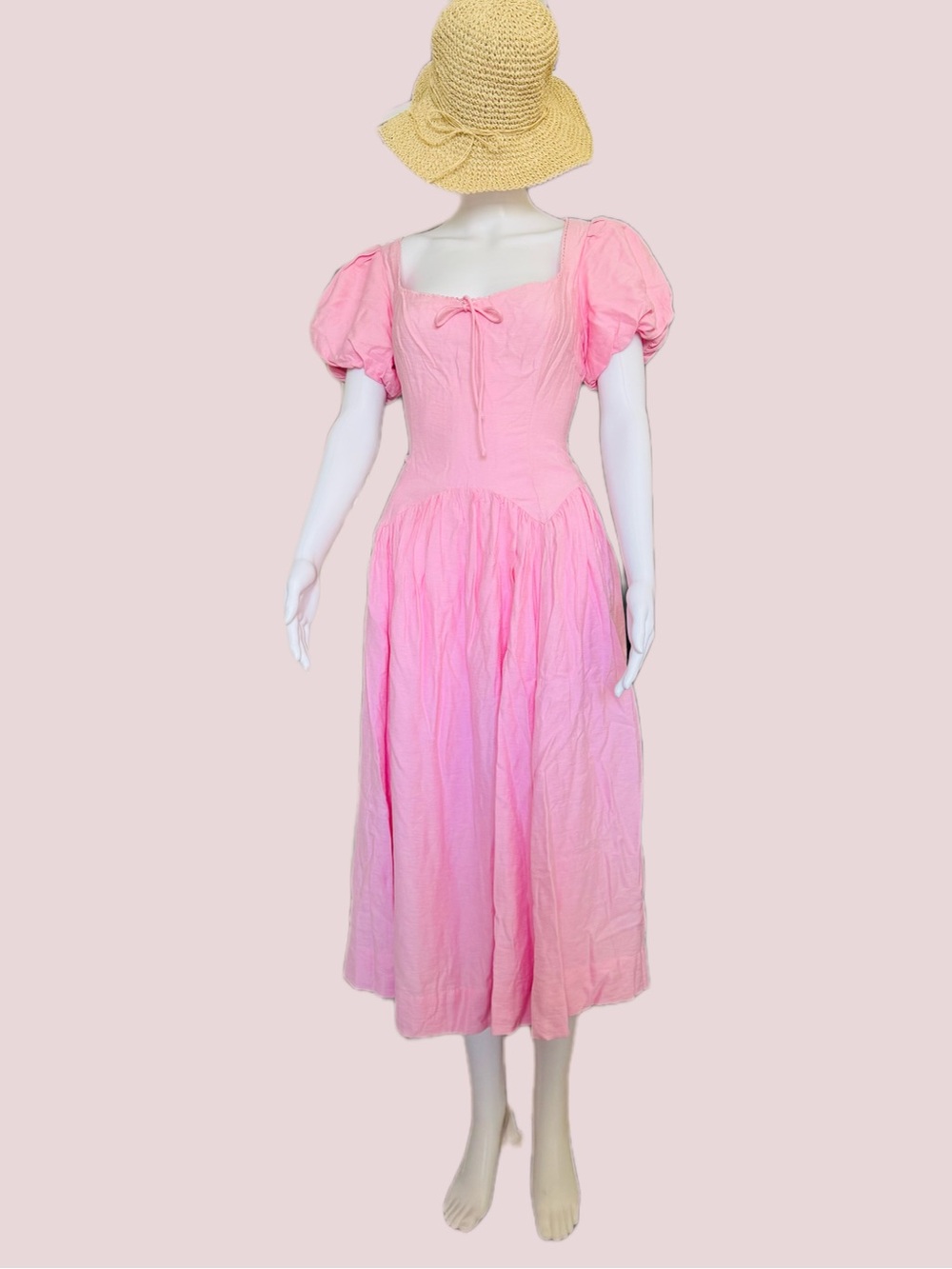 All in Favor Pink Puff-Sleeve Midi Dress with Tie Front